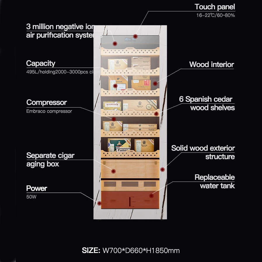 SICAO CS1800 Intelligent Digital Display Cigar Cabinet Cooler 495L R600a Holds 2000-3000 Cigars Natural Spanish Cedar Wood black