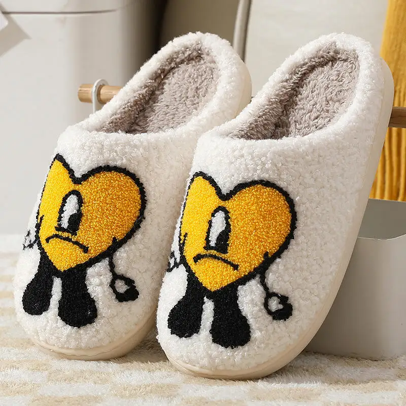 Wholesale Stock Custom Logo Red Heart Bad Cute Bunny Slippers Slides Ladies Warm Winter Home Slippers