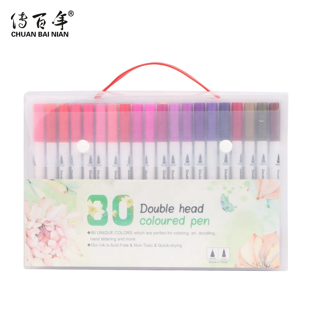 Good Quality Eco-friendly 48 Colors Water Based Dual Tip Brush Pen with Fineliner