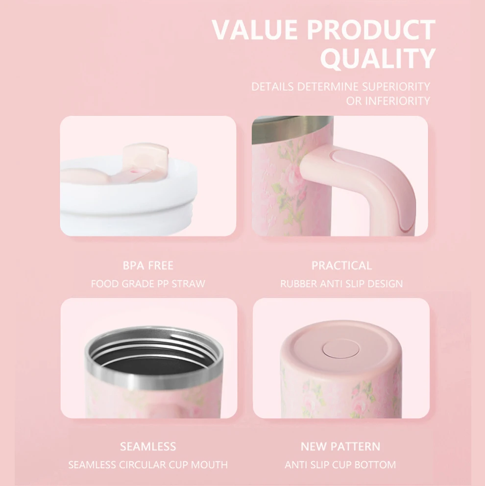 2024 New Business Gifts 40oz Flower Stainless Steel Coffee Cup 40 oz Tumbler With Handle Thermal Mug Classic Insulated Tumblers