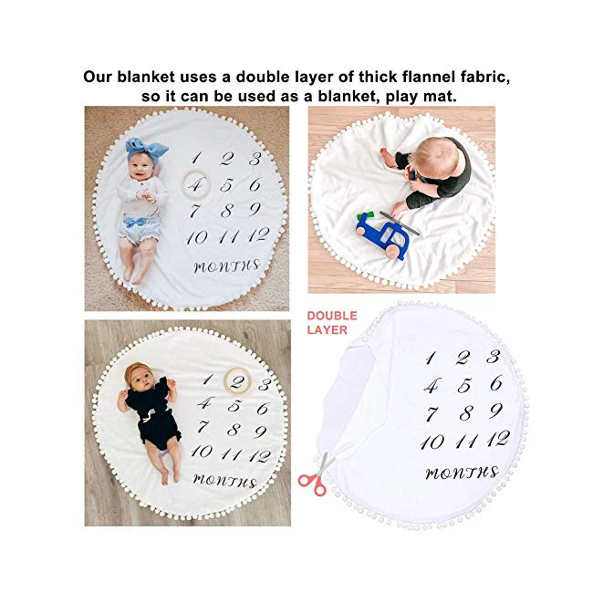 
Hot sale customized kids soft thick flannel round rug double sided photography props months baby milestone blanket 