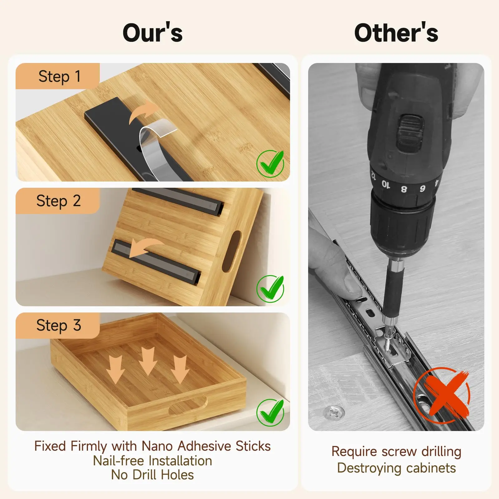 Pull Out Cabinet Organizer, Bamboo Wood Slide Out Drawers for Kitchen Cabinets, Adhesive Nano Film Shelves Drawers for Home