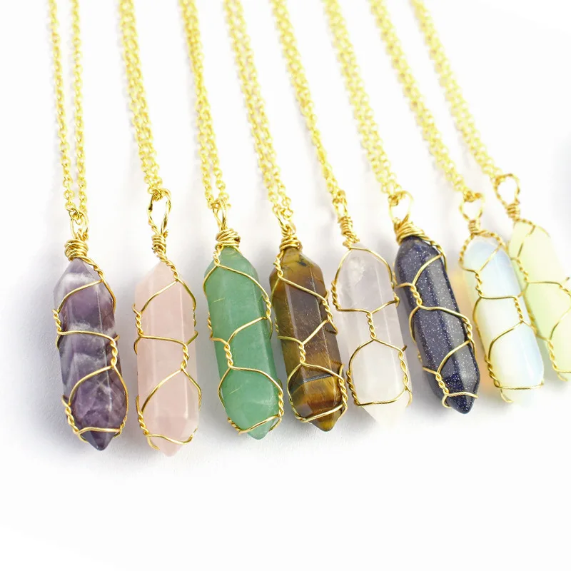 Natural Stone Bullet Shape Amethyst Turquoise Crystal Stone Quartz Jewelry Hexagonal Pendant Necklace For Women