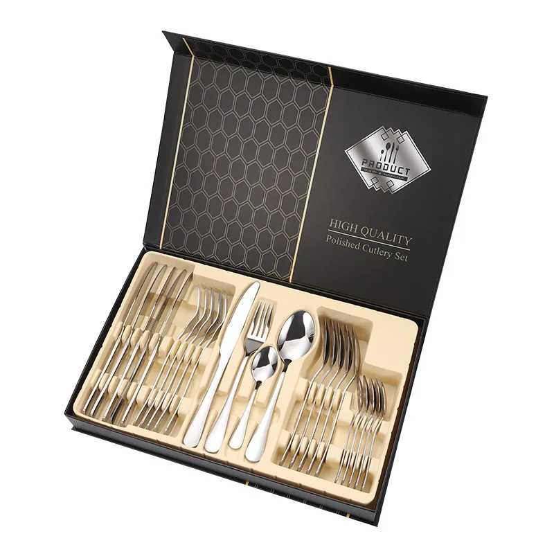 Stock Cutlery Set 24 Pieces Silver Color 24 Pcs Stainless Steel Polished Gold Cutlery And Charger Plate Set For Wedding