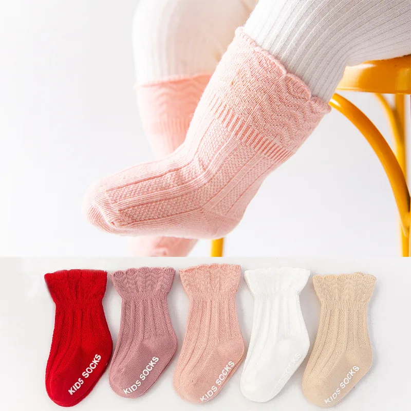 2023 baby socks 0-3 months middle tube non-slip toddler socks combed cotton solid color newborn cute baby anti slip socks