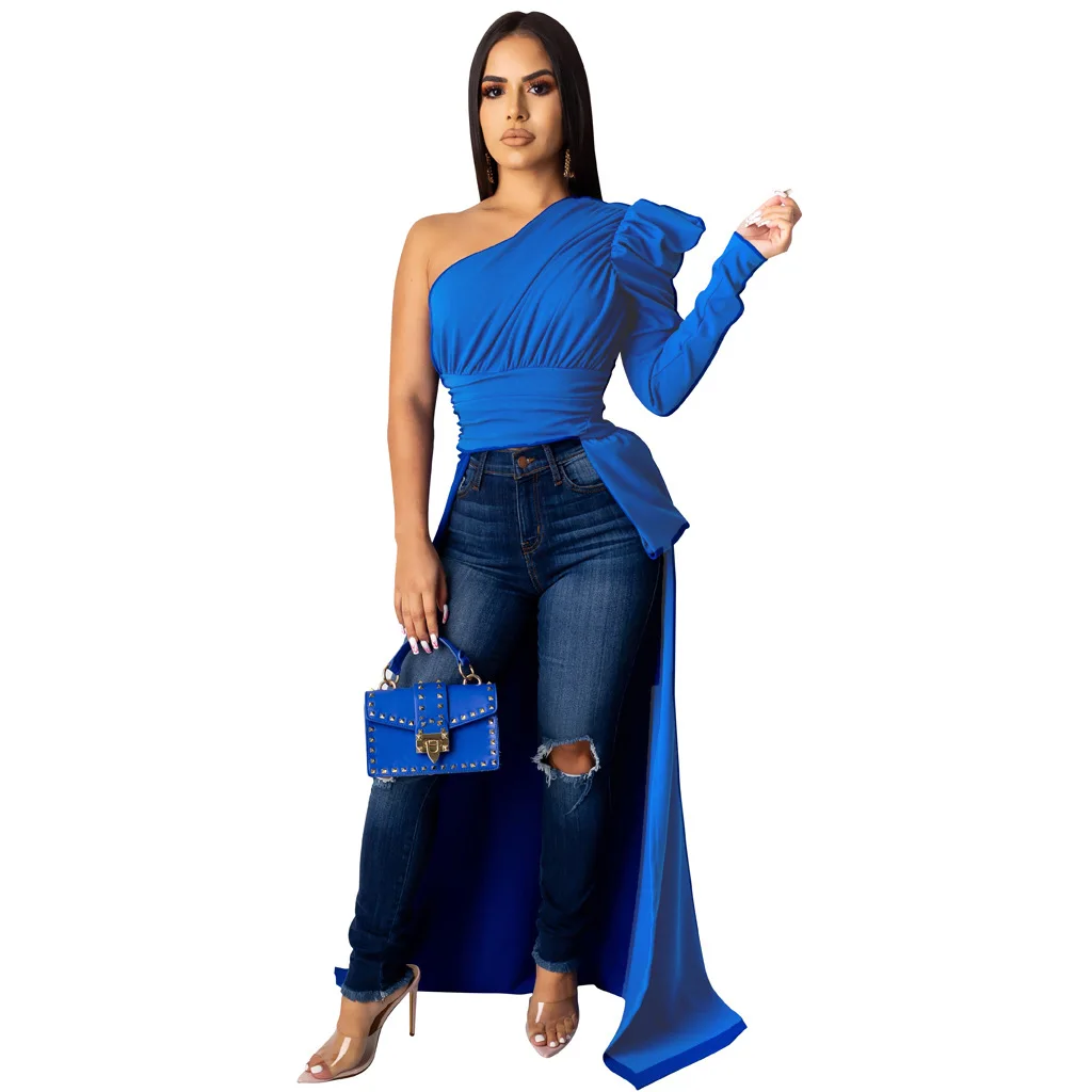 2020 модная блестящая женская летняя кружевная блузка на одно плечо с пышными рукавами женская блузка и топ