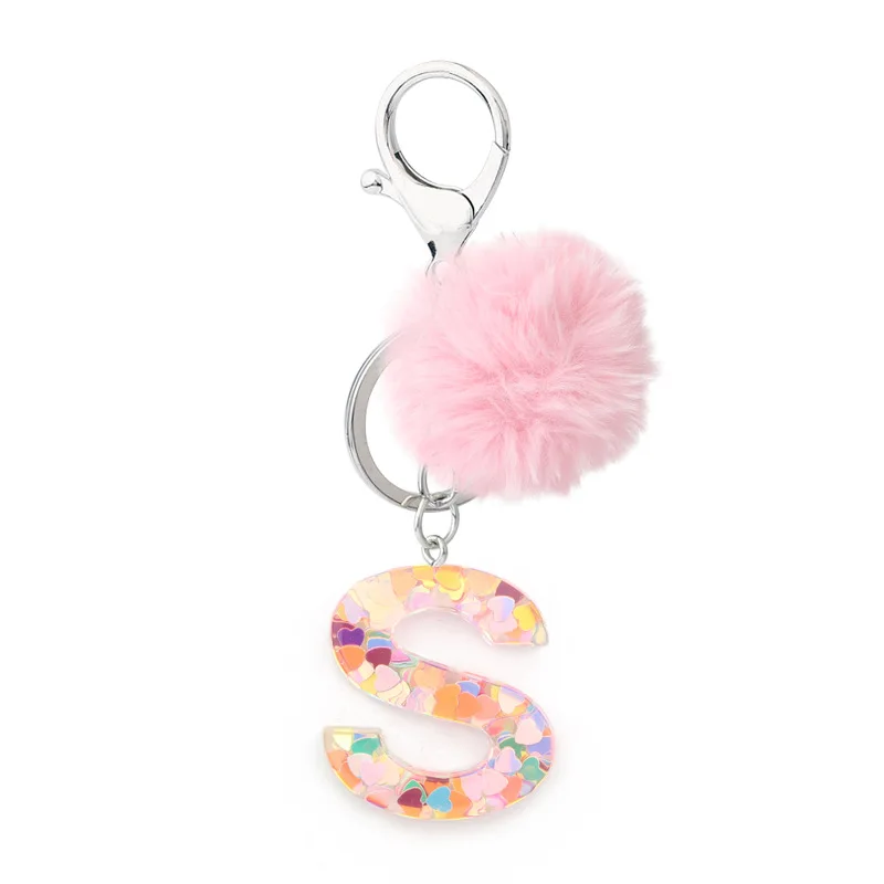 New Sequin Love Pom Pom 26 English Alphabet Initial Letter Pendant Resin Keychain For Girls Purse Handbags Pendant Decoration