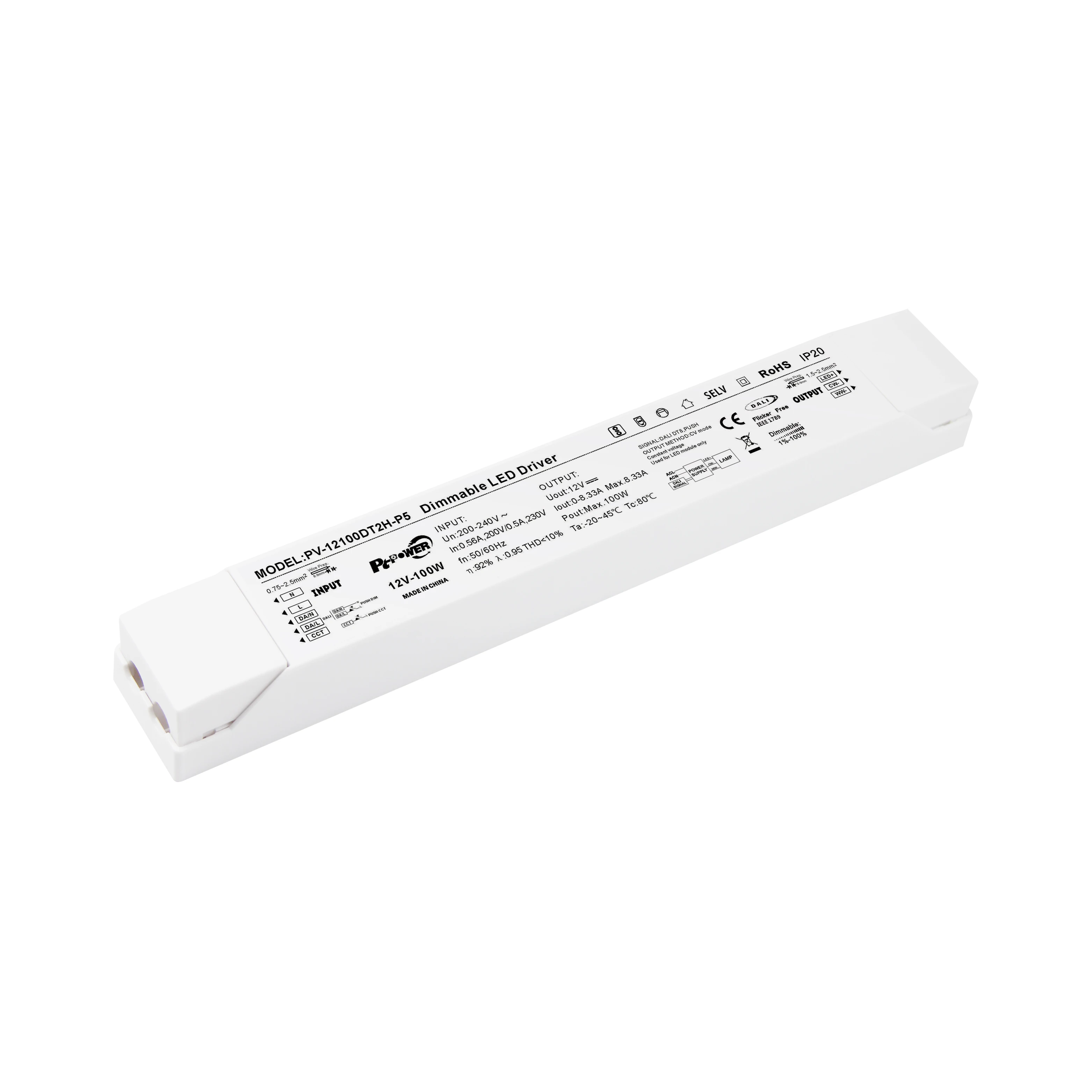 DALI DT8 100 Вт 12/24 В Белый пластиковый корпус 100-240 постоянное напряжение Дали Диммируемый Светодиодный драйвер для офисного светодиодного освещения