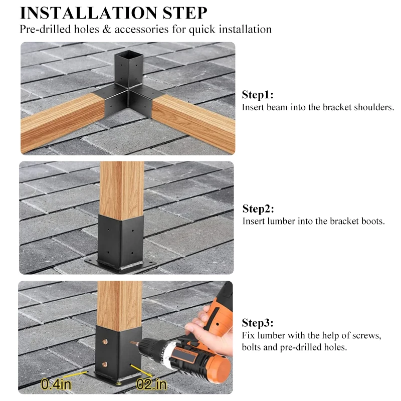 Stainless Steel Metal 3 Way Triangle Corner Outdoor Aluminium Pergola Brackets for Wood Beams Gazebo