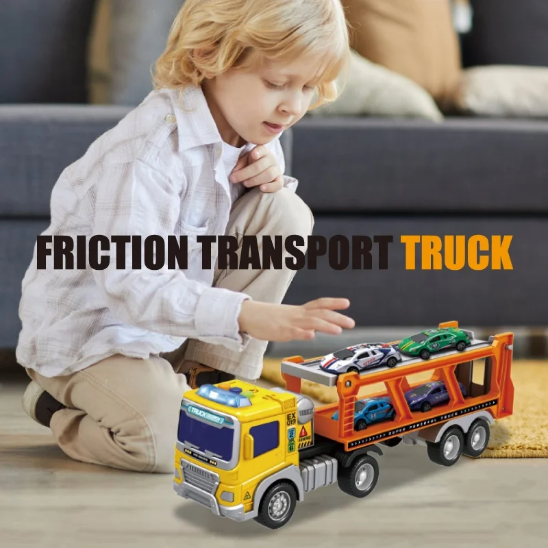 Lights And Sounds  pull back car Trailer Engineering Pull Back Vehicle Car Carrier Truck for kids