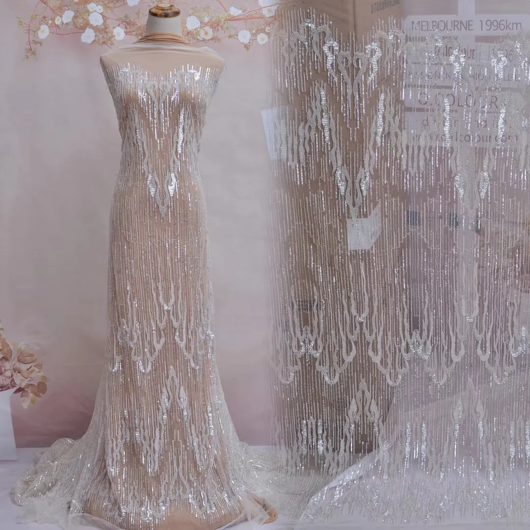 Модная мотивная кружевная ткань hatue с инкрустированными бусинами