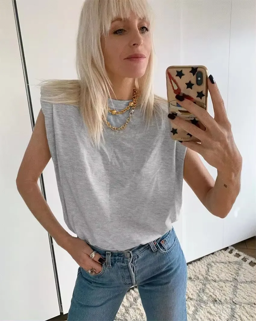 Short Sleeves Padded Shoulder T Shirt Elegant Casual Women T Shirt Wholesale High Quality Cotton Jersey Print Pattern Knitted