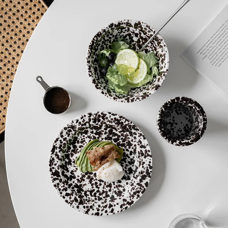 Wholesale European Colour Enamels Graffiti Ceramic Ink Splash Plates Bowl Cup Dinnerware Set