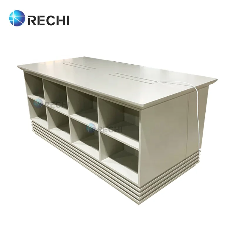 RECHI Custom White Smartphone Retail Display Counter Table With Lighted Accessory Storage Cabinet For Phone Shop Design & Refit