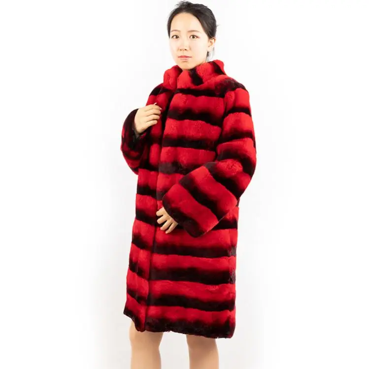 DH IATOYW hot style red color stand collar fur overcoat 90cm long winter warm women rex rabbit fur coat