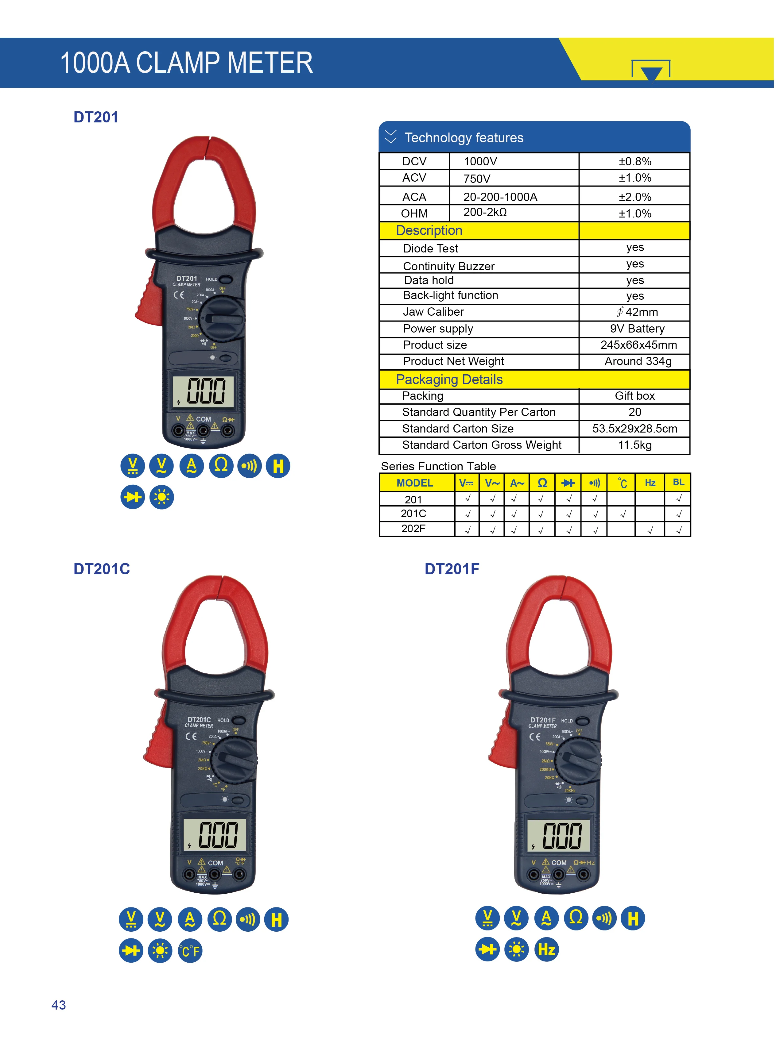 
Digital Clamp Meter DT201 with Data Hold Super Big Size Jaw 