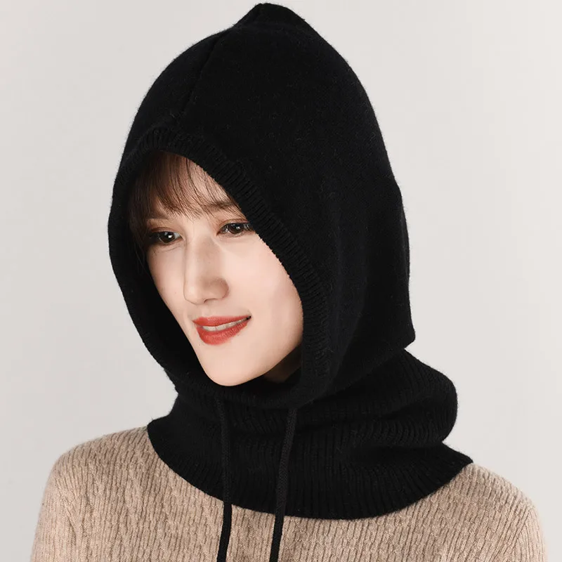 2024 Custom Unisex Cashmere Wool Pullover Knitted Beanie Hat with Drawstring Warm Hooded Scarf Hat