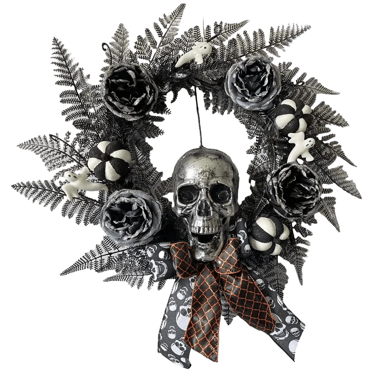 Senmasine 24 Inch Spooky Scary Head Ghost Pumpkin Artificial Leaves Flowers Rose Halloween Skeleton Wreath With DIY Bows