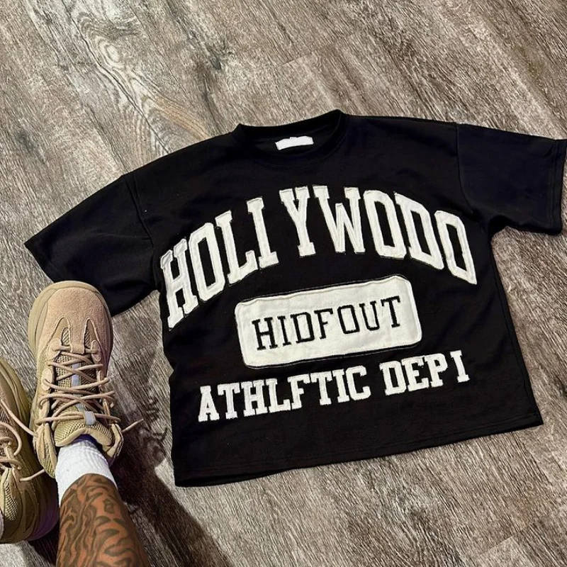 Cut And Sew T-shirt Heavy Cotton Crew Neck Tee Shirts Custom Oversized Applique Patch Embroidery Boxy Cropped T Shirts For Men