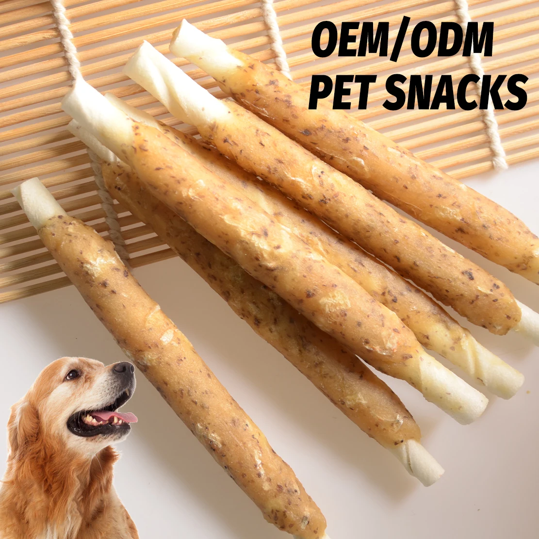 OEM dog treats wholesale chicken seafood teething stick training bonus Chicken Seafood Wrapped with Blanched Rawhide Sticks