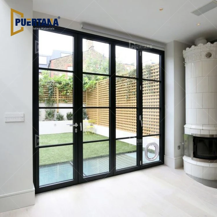 Steel Look Aluminium Tempered Glass Front Accordion Folding Door Exterior House  Aluminum Bifolding Patio Door
