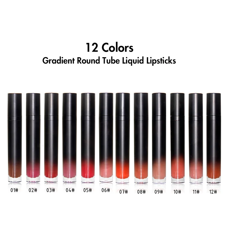Low Moq Oem 12 Colors Gradient Round Tube Long Lasting Customized Logo Vegan Nude Liquid Private Label Matte Lip Stick Lipsticks