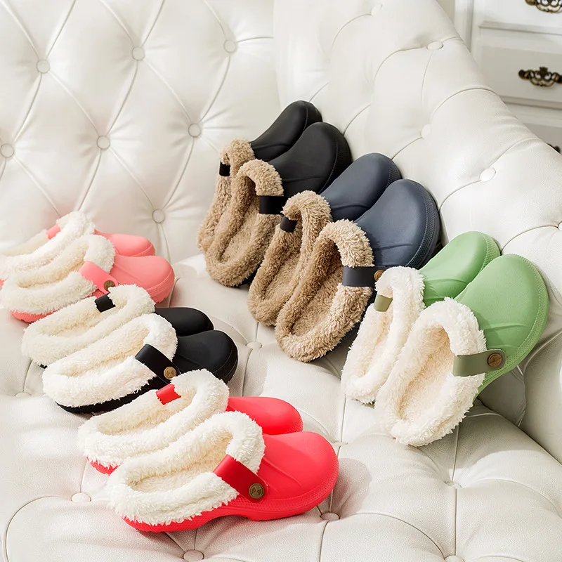 High Quality Waterproof Slippers Women Men Fur Lined Clogs Winter Garden Shoes Warm House Slippers Indoor Outdoor Mules