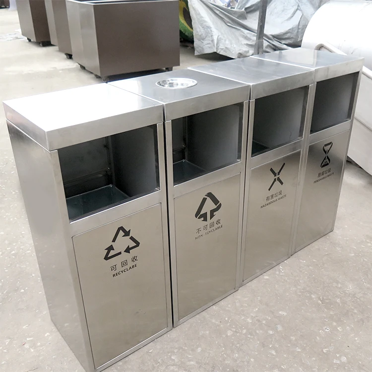 outdoor multi compartment waste recycle bin mall public metal sorting dustbin stainless steel trash can commercial garbage bin