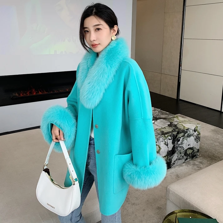 Winter Cashmere Fur Coat Plus Size Wool Coats for Women Real Fox Fur Collar Belt Fluffy Jacket