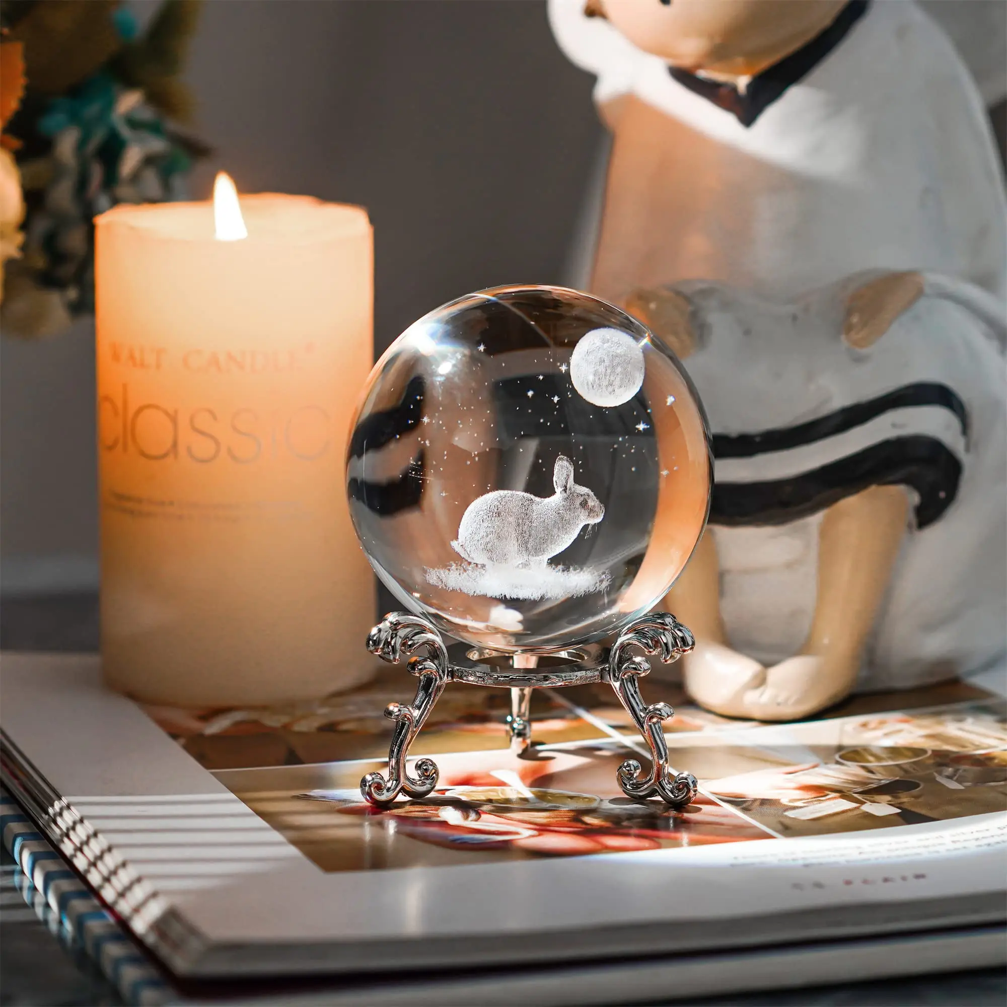 3D Crystal Ball 2.4inch Laser Engraved Animal Figurine Collectibles Paperweight Glass Decorative Full Sphere with Stand