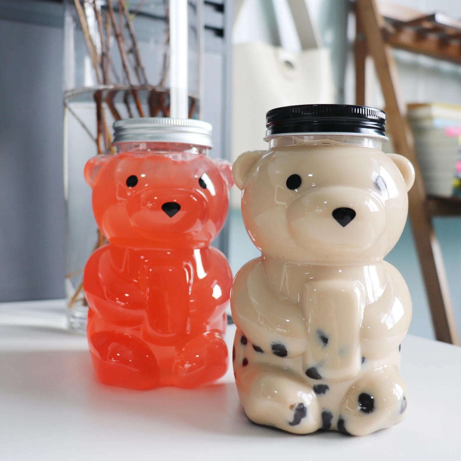 Wholesale 400ml Clear Pet Plastic Juice Bear Bottles Drinking Bottles Cute Bear Shape Milk Tea Bottle Cup With Lid