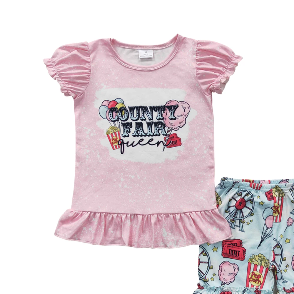 GSSO0260 toddler girls outfit sets County fair popcorn balloon cotton candy bleached pink short sleeved printed blue lace shorts