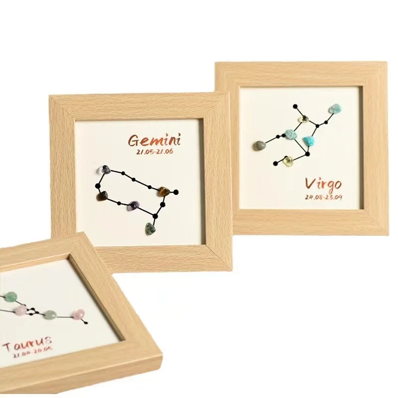 Wholesale Natural Crystals Healing Twelve Constellations Wooden Photo Frame Crystal Painting