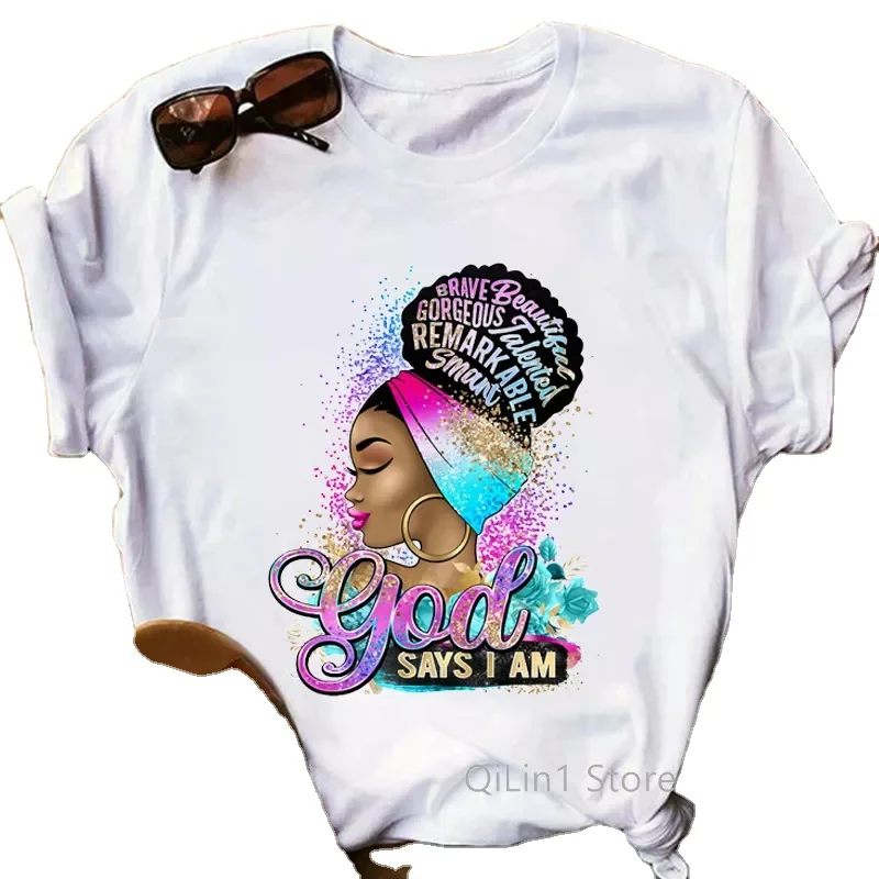 God Says I Am Beautiful T Shirt Fashion Gold Glitter Afro Melanin Queen T-shirt Women Powerful Black Woman Tshirt Top Tee