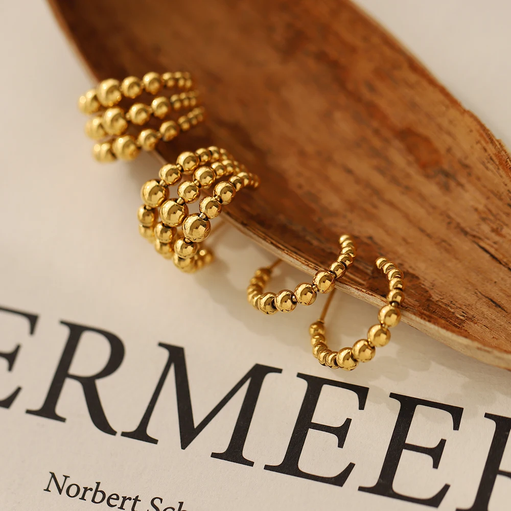 C-shaped earring 18k gold plated round bead three row earrings hoop staple stud 316L stainless steel jewelry in stock