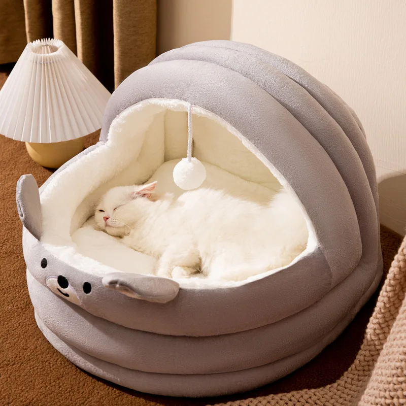 Pet Cat Dog House Cave With Plush Interactive Toy Ball Cat Folding House Bed Plush Cat House With Ears