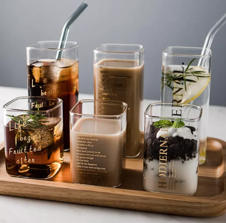 Handless Straight-sided Square Clear Glass Mug Breakfast Milk Coffee Cups And Mugs Square Glass Cups With Printing