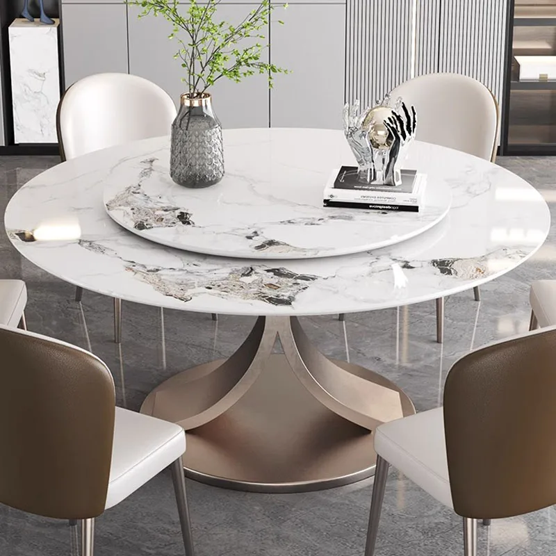 Luxury Stainless Steel Base Sintered Stone Top Round Dining Table with 6 chairs For Living Room Dining Table Set