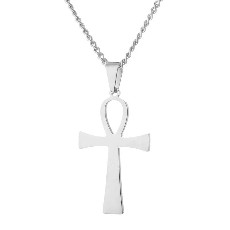 Religious Ankh Cross Shiny Silver Pendant Necklace Egyptian Peace Faith