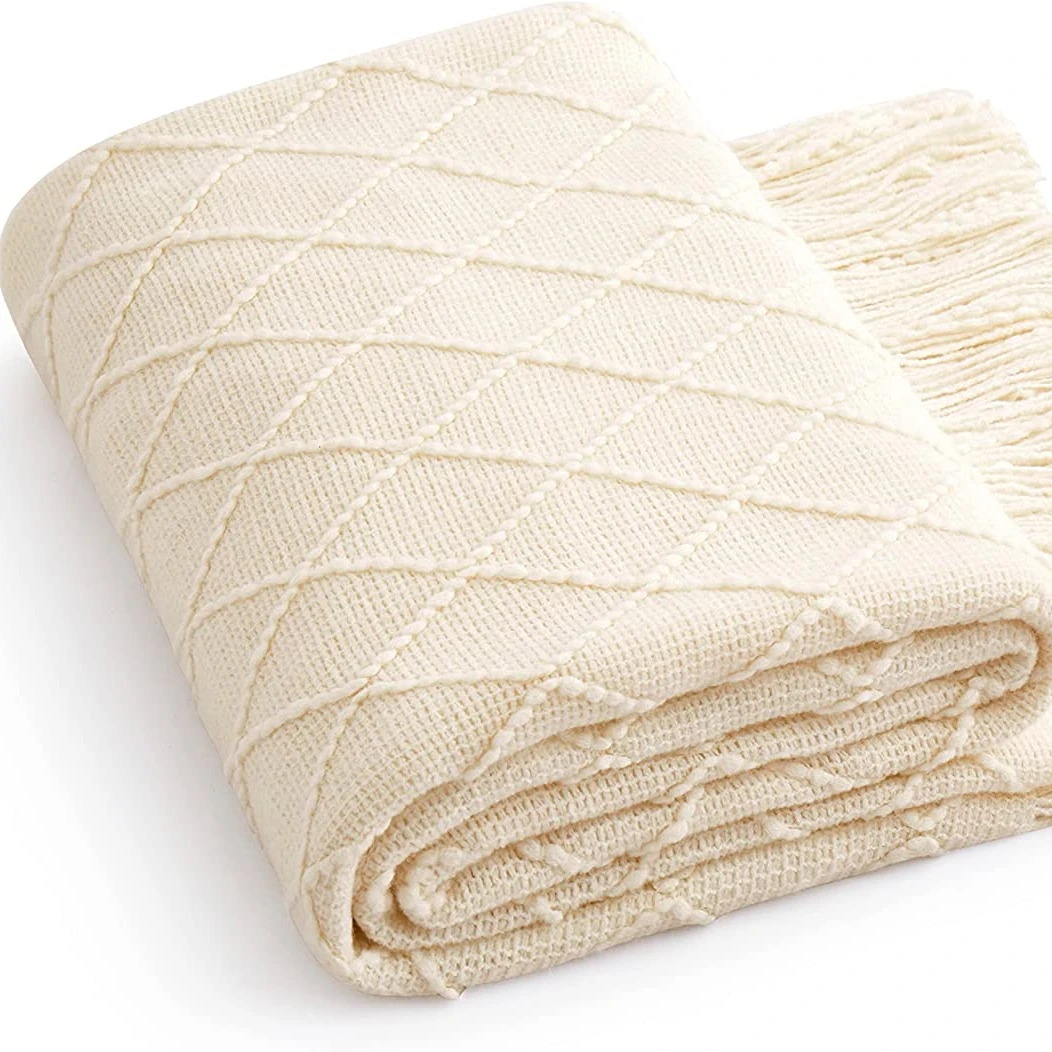 Acrylic Knitted Throw Blanket, Lightweight and Soft Cozy Decorative Woven Blanket with Tassels for Couch, Bed, Sofa,