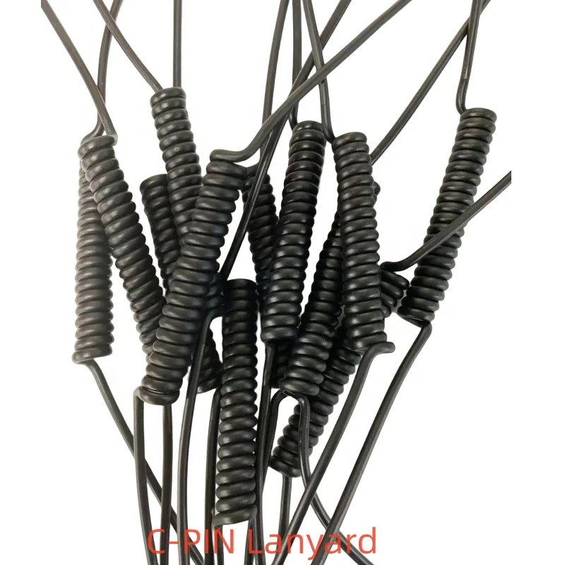 C-PIN 7*7 304 steel wire rope coiled coated black PU with two loop safety tool lanyard For fishing rod