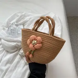 new woven flower bucket bag fresh trend woven bag sweet for Handbag With Floral Decoration