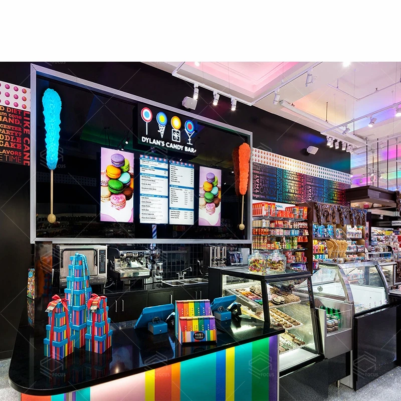 Fashion Custom Retail Food Furniture Lighting Chocolate Display Cabinet with Shelves