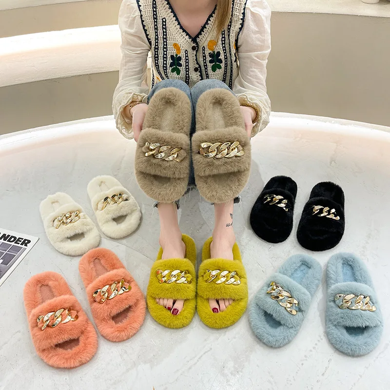 Winter Warm Chain Shoes Girls Faux Fur Shoes Lady  Plush Slippers Fluffy Plush Fuzzy Indoor Home Slippers For Woman