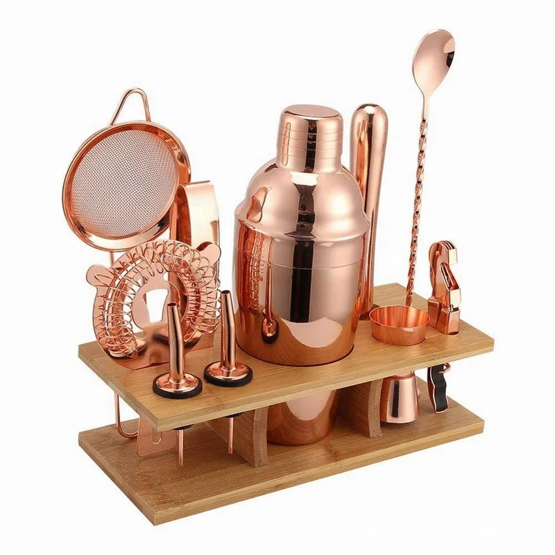 Amazon hot sale rose golden bartender kit bamboo stand bar tool cocktail shaker set