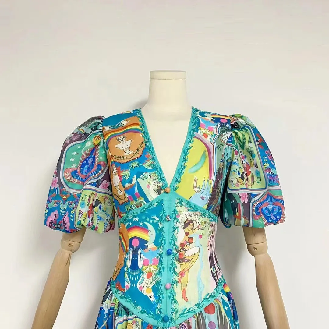 2023 New V-Neck French Vintage Puff sleeves short sleeves cinched waist slim slit Print Midi dress