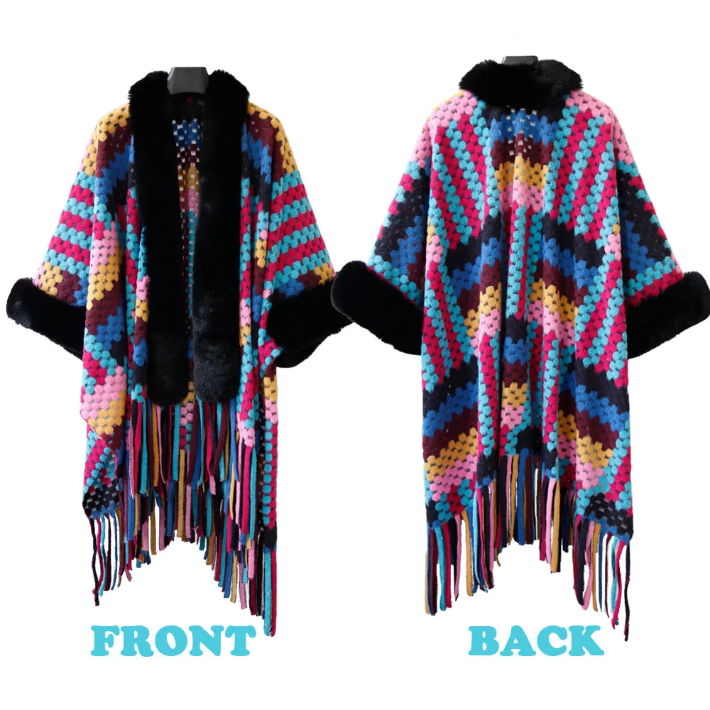 Lady Big Size Warp Scarf New Designed Wool Blended Color Blocked Shawl With Tassel Long Shawl With Fur Trim