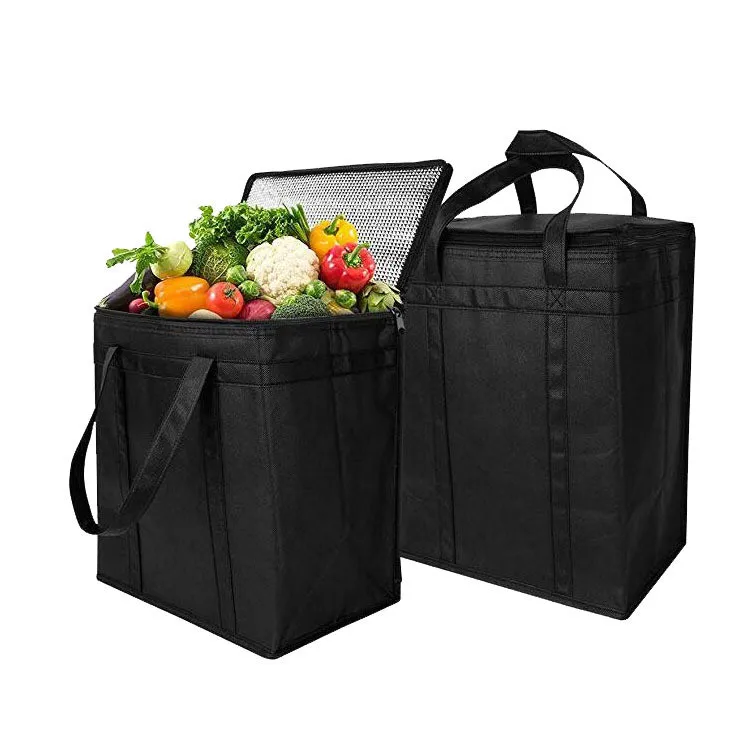 
Custom Large Medium Print Logo Black Long Handle Shoulder Style Non Woven Thermal Insulated Cooler Bag Box 