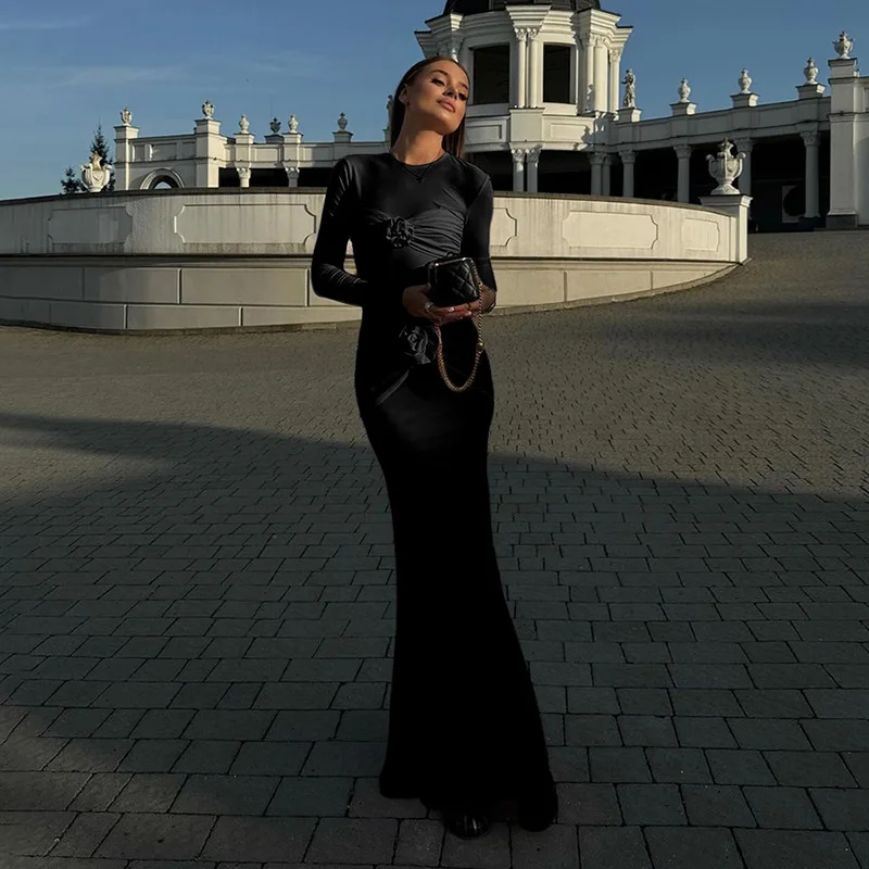 2024 Autumn and winter new sexy tight round neck long dress with pleated floral temperament dress
