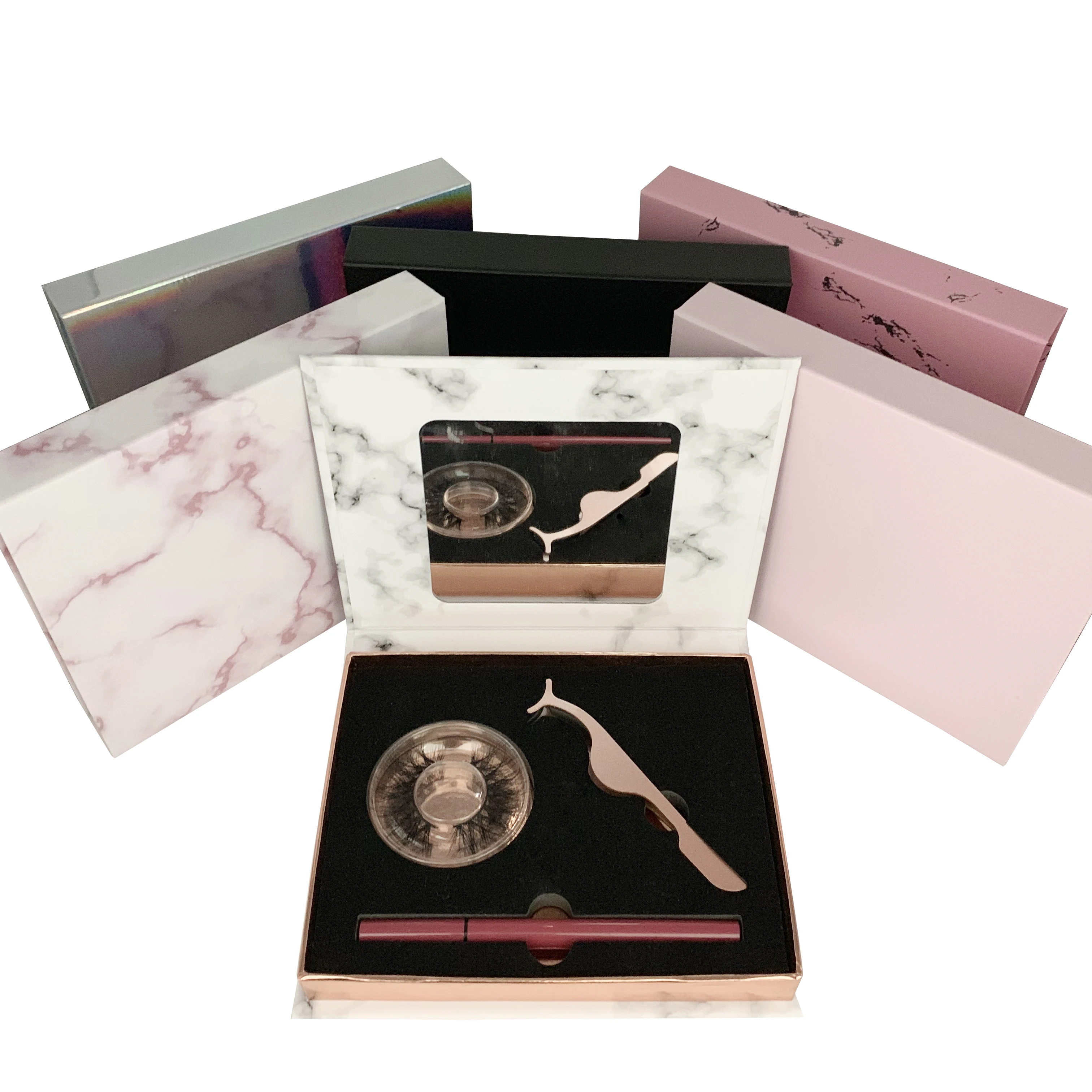 Custom Mirror False Eyelash Packaging Box Magnetic 3 Pairs Real Mink Eye Lash Extension Kit With Lashes Applicator and Glue